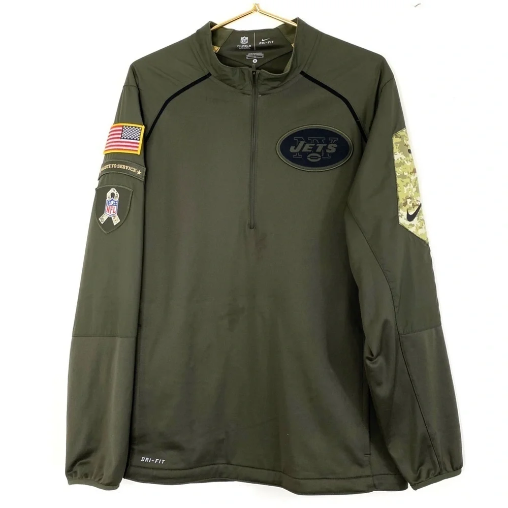 Nike NFL ONFIELD Jets Camo Pocket Half Zip Pullover Jersey Shirt Military Green